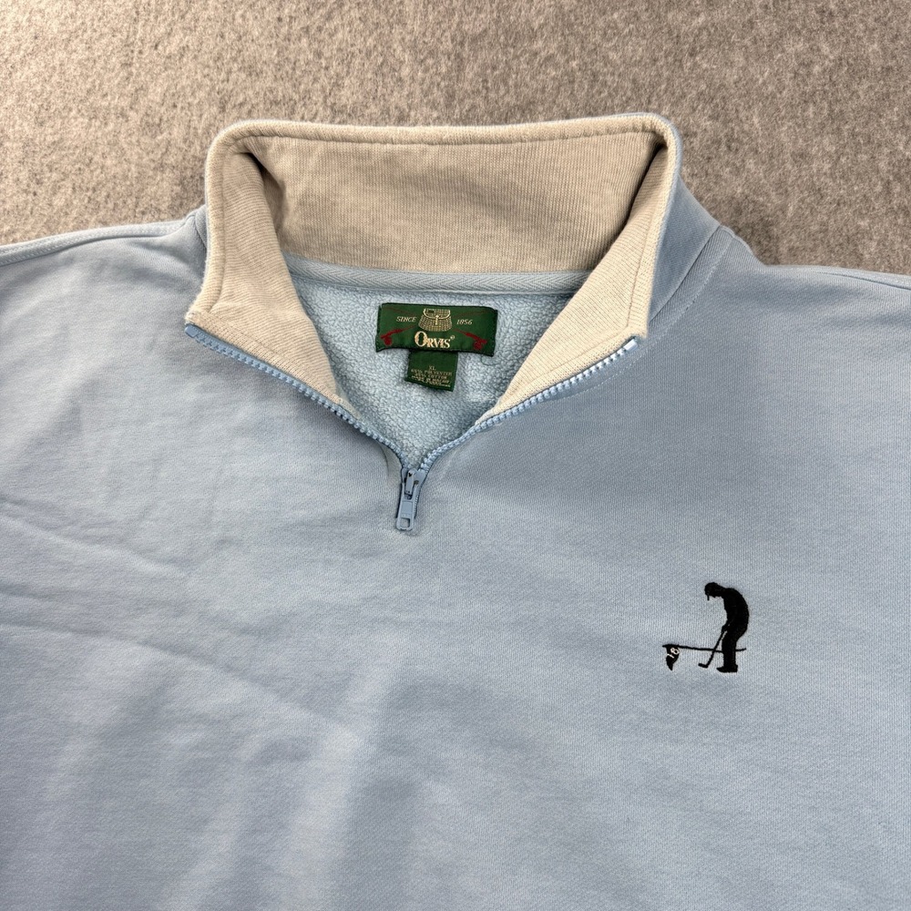 Vintage Orvis Mens Sweatshirt XL Light Blue Quarter Zip Elbow Patches Golf Logo - Picture 8 of 10